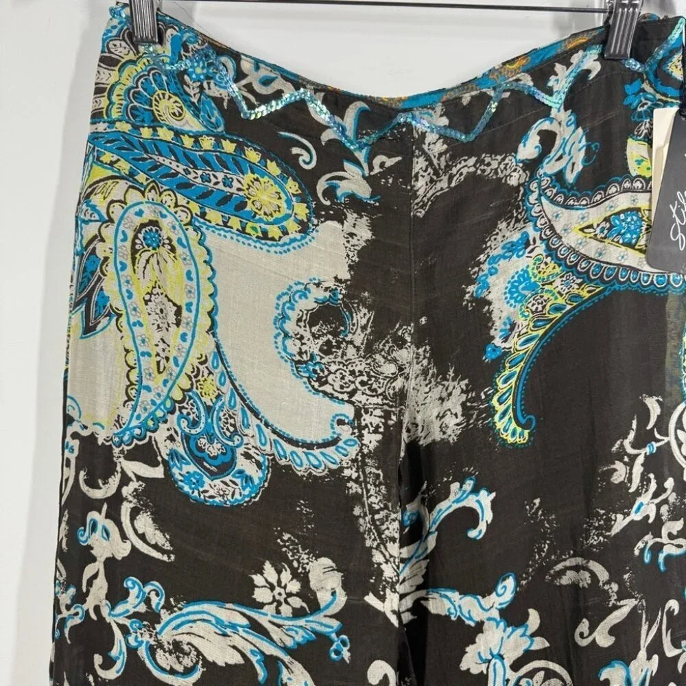 100% Silk Made in Italy Wide Leg Pants Multicolor Paisley Print Size 44  NWT
